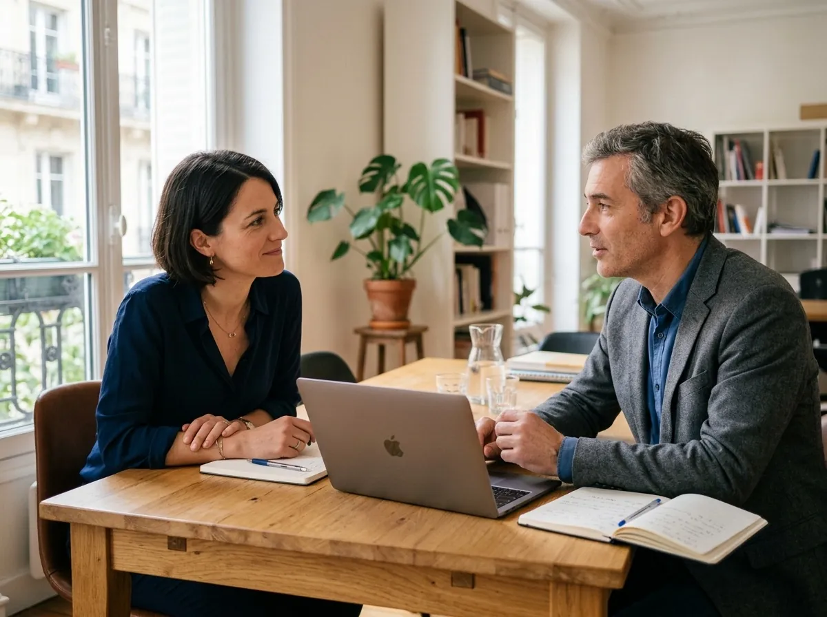 Deux collaborateurs RH en échange devant un ordinateur portable, dans un bureau lumineux, lumière du jour
