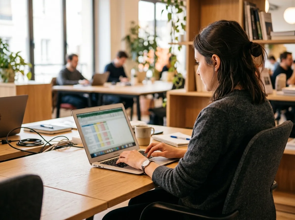 Personne de trois-quarts travaillant sur un ordinateur portable, écran de tableur visible, environnement de bureau clair