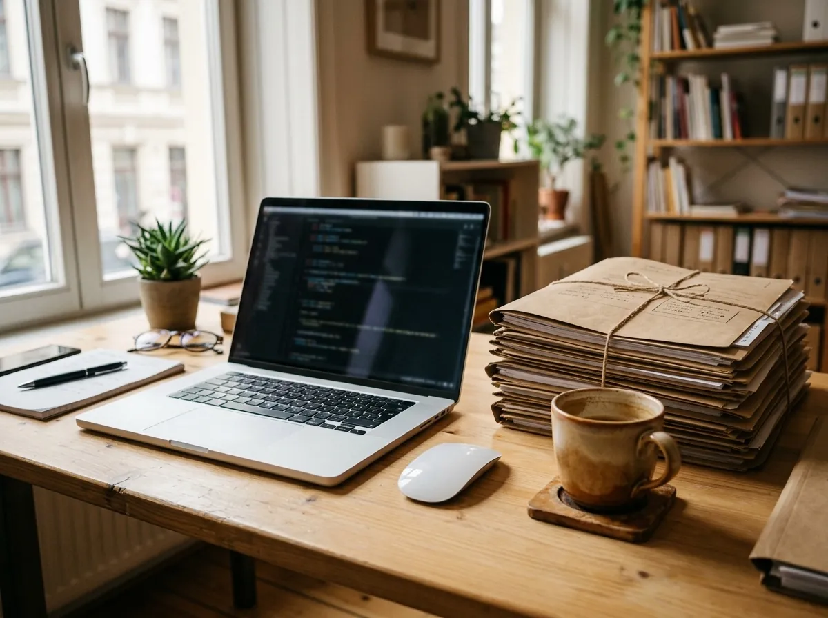 Bureau clair avec un ordinateur portable ouvert et une pile de dossiers de paie, à côté d'une tasse de café